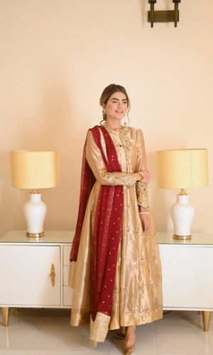 This gold accents tissue kalidar is embellished by handcraft all around. It pops out due to the carefully crafted top that is complemented by button touches. This magnificent ensemble, when donned with a chiffon dupatta, is essential 360 by 541 pixels